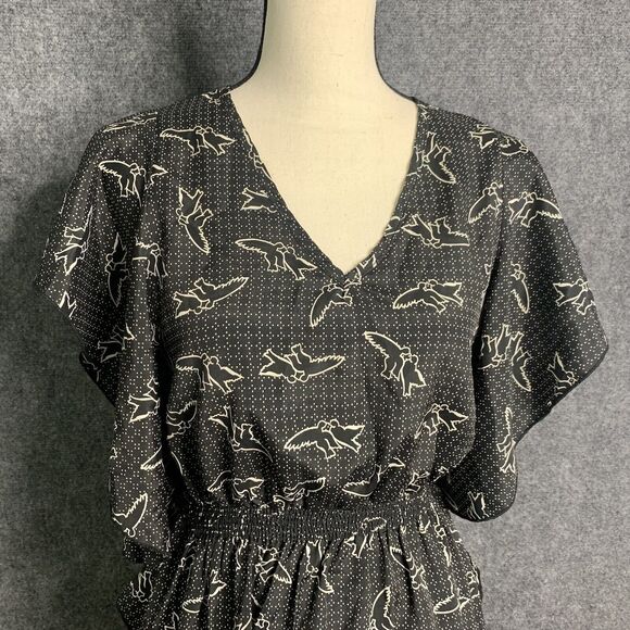 Everly Ruffled Sleeve Pullover Dress Black W/ Birds Short Light Wt Elastic Waist - Picture 2 of 12